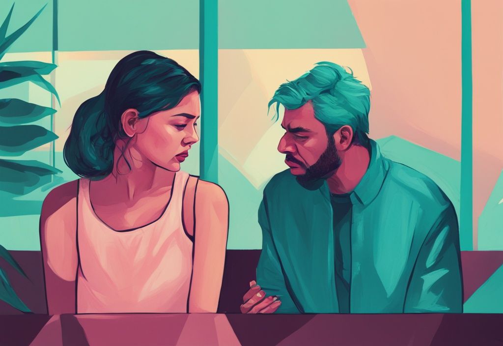 Modern digital painting of two people arguing, dominant person in teal theme.