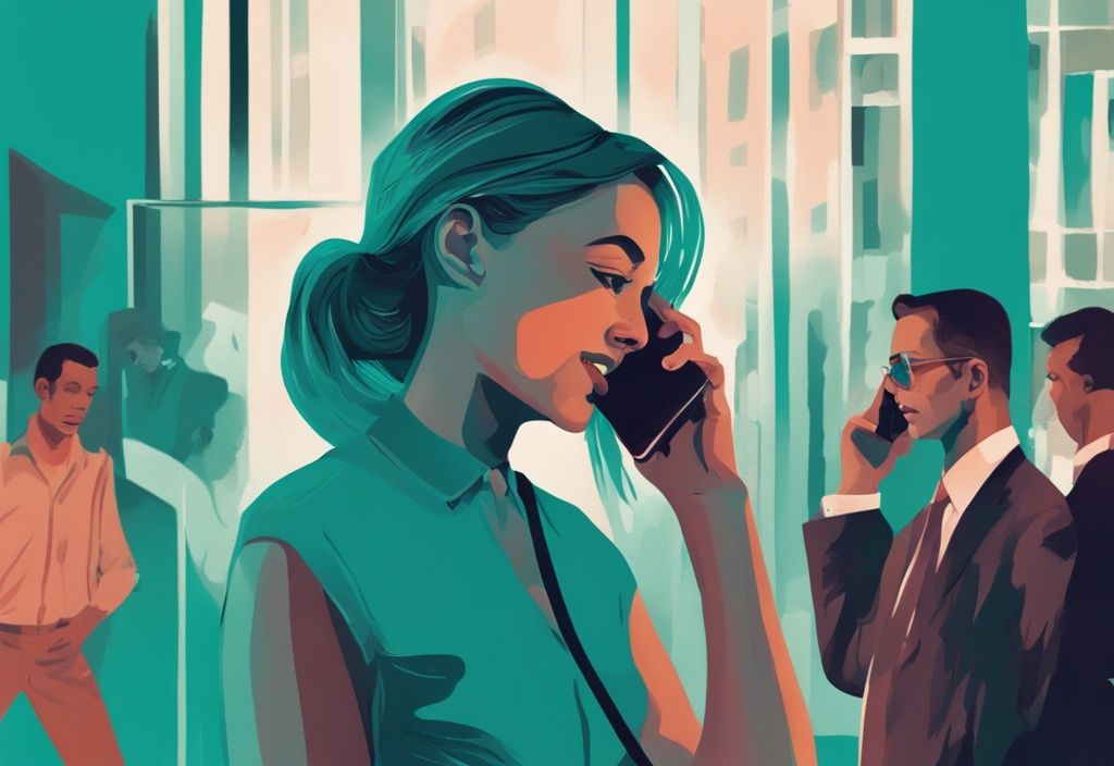 Teal-themed digital painting of a woman with a smug expression talking on her phone, multiple shadows of men in the background indicating secretive relationships