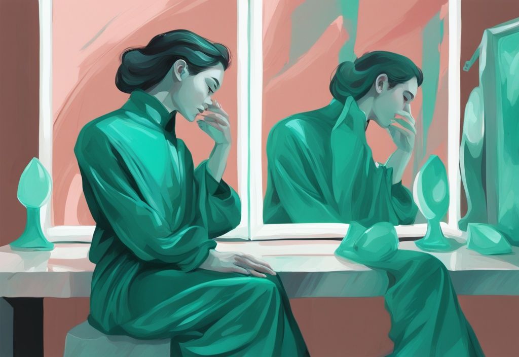 Modern digital painting of a narcissistic figure admiring their reflection in a polished jade stone with a teal color theme