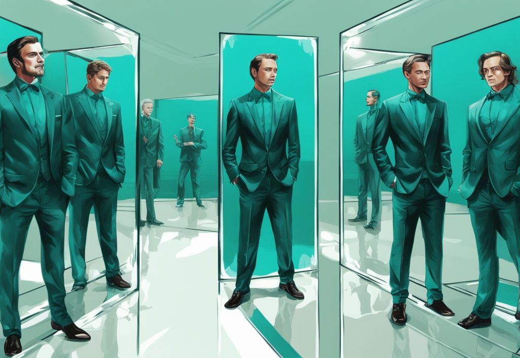 Modern digital painting of celebrities with teal theme against mirrored backdrop reflecting self-admiring expressions