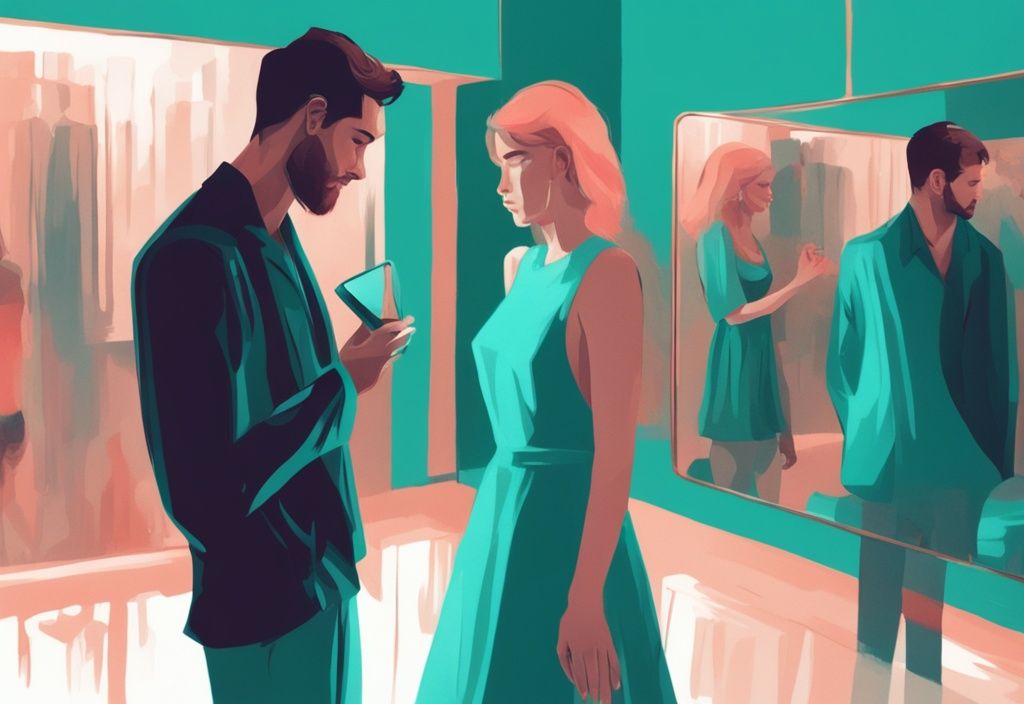 Teal-themed digital painting of a narcissist with a mirror in the foreground and a blurred loving couple in the background, questioning are narcissists capable of love.