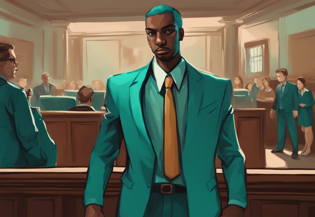 Modern digital painting of a confident individual in teal-themed courtroom facing a smug adversary, illustrating how to beat a narcissist in court.