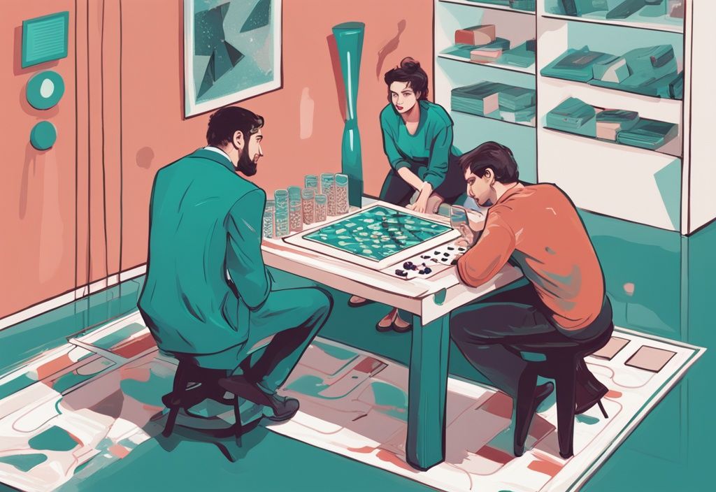 Modern digital painting illustration in teal showing a narcissist manipulating a board game with a confused individual, representing psychological tactics; 14 signs a narcissist is playing mind games with you.