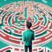 Modern digital painting of a puzzled person holding a compass and a manual titled "How To Confuse A Narcissist" in front of a maze, with a teal color theme.