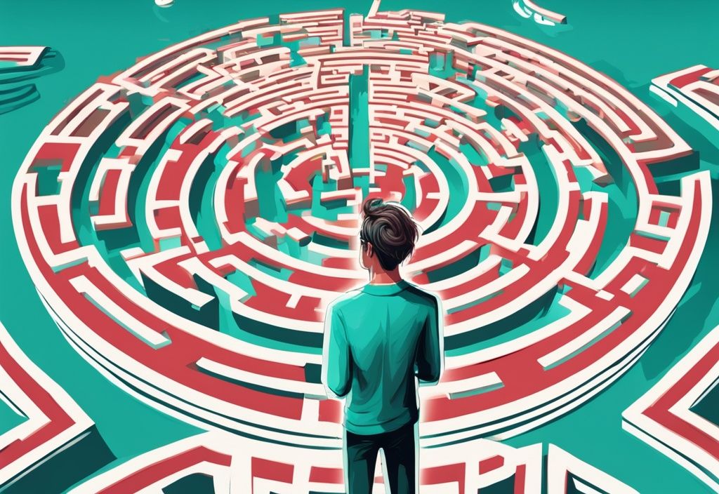 Modern digital painting of a puzzled person holding a compass and a manual titled "How To Confuse A Narcissist" in front of a maze, with a teal color theme.