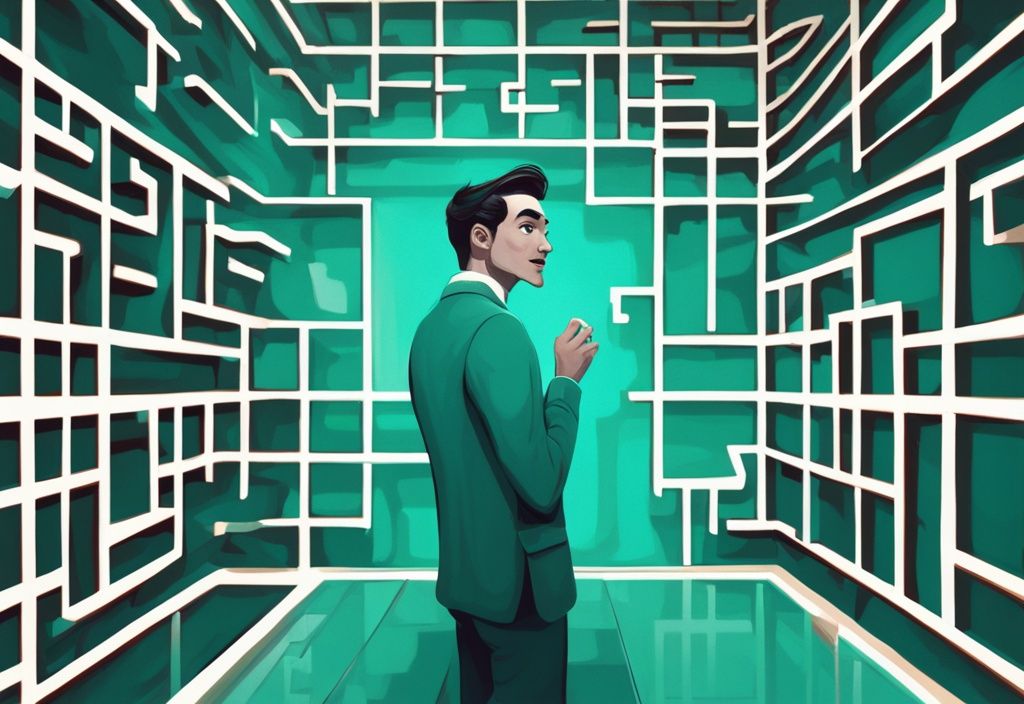 Modern digital painting of a narcissistic character puzzled by a maze-like mirror without reflection, teal color theme