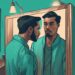 Modern digital painting of a man peering into a mirror showing various faces symbolizing empathy, related to how to stop being a narcissist.