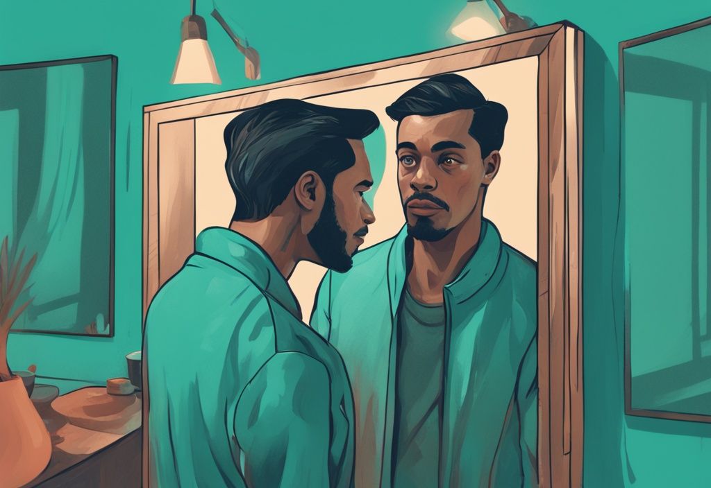 Modern digital painting of a man peering into a mirror showing various faces symbolizing empathy, related to how to stop being a narcissist.