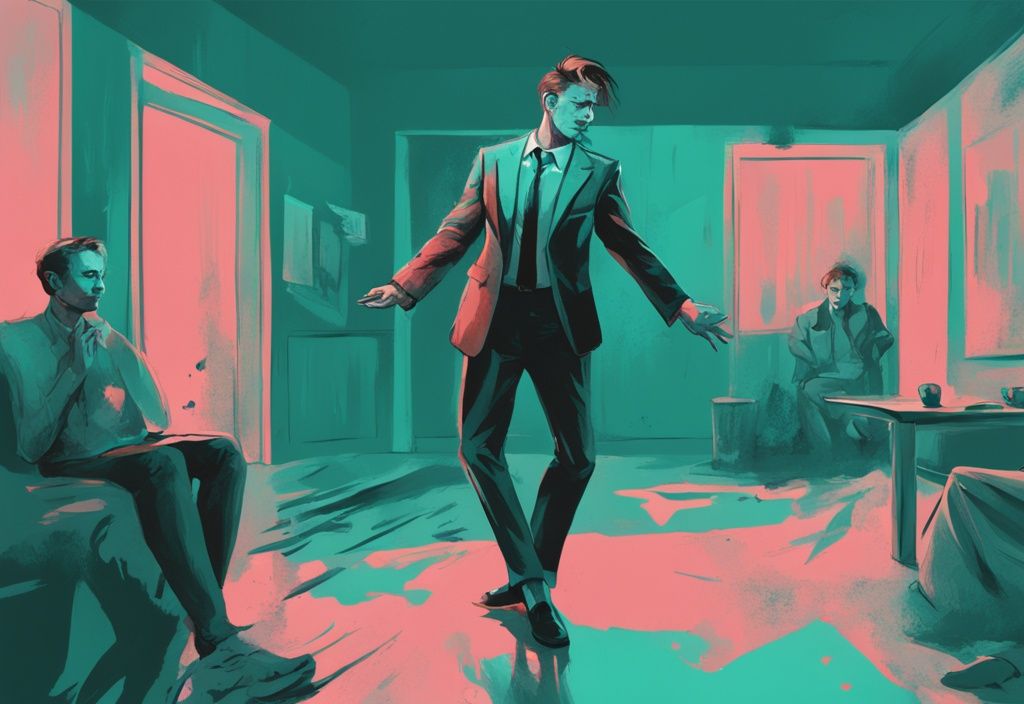 Modern digital painting illustration with teal color theme depicting signs a narcissist is going to kill you through menacing behaviors towards a frightened individual, including controlling speech, aggressive body language, and eerie obsession.