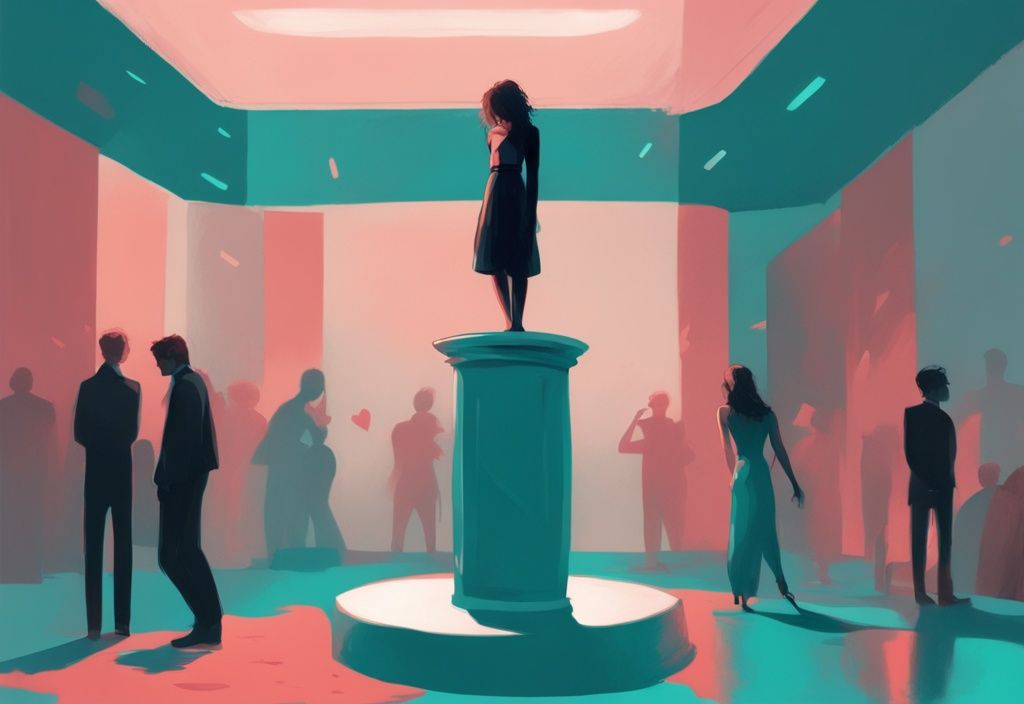 Modern digital painting of a person on a pedestal in teal theme with spotlight, admirers, and a broken heart shadow.