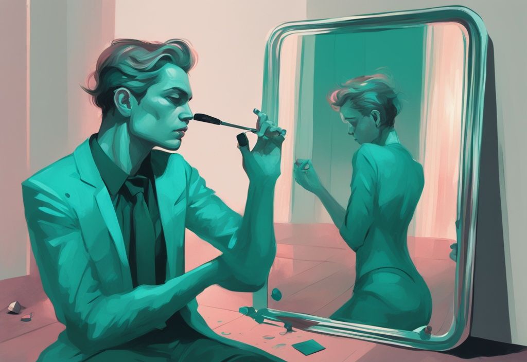 Modern digital painting of an arrogant figure discarding a mirror, symbolizing narcissist discard, with a teal color theme