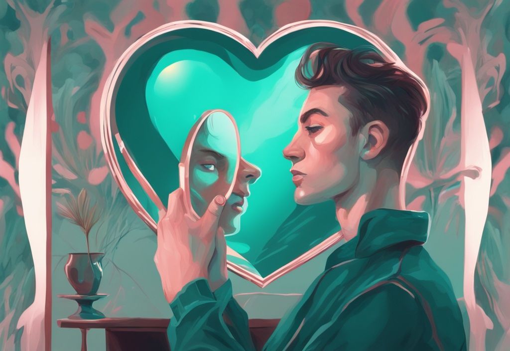 Modern digital painting of a narcissist gazing at their reflection in a heart-shaped mirror, teal color theme, self-absorption and potential affection.