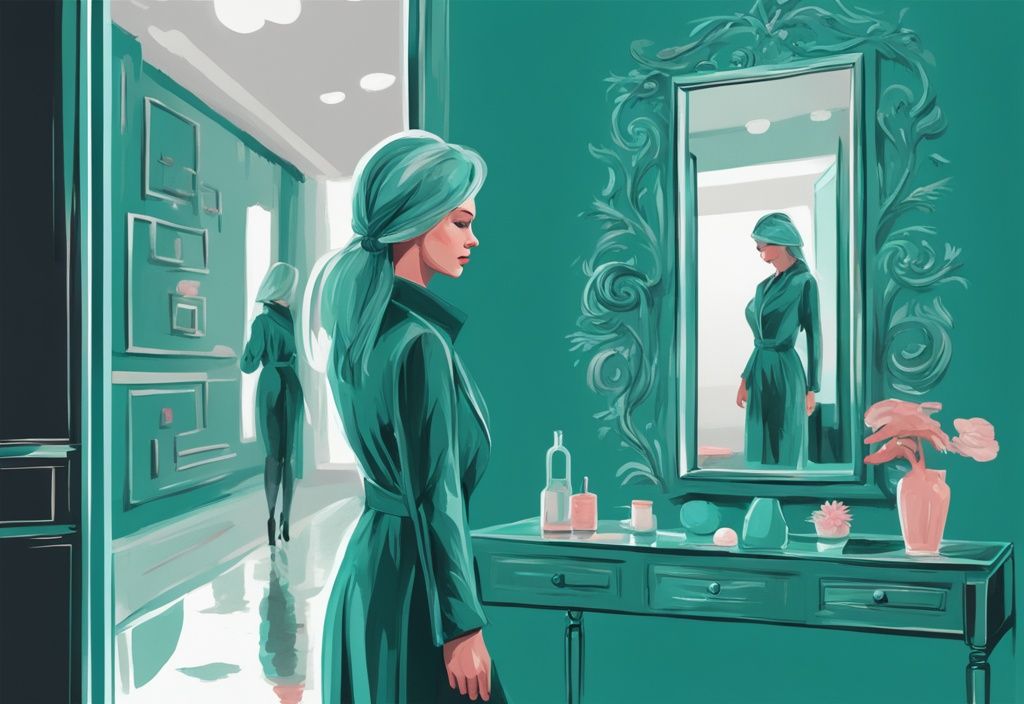 Modern digital painting of a stylish woman in teal theme standing before a mirror reflecting narcissism icons