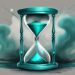 Modern digital painting of an hourglass with stormy insides in teal, symbolizing the passage of time during a fit of narcissistic rage, answering the question how long does narcissistic rage last.