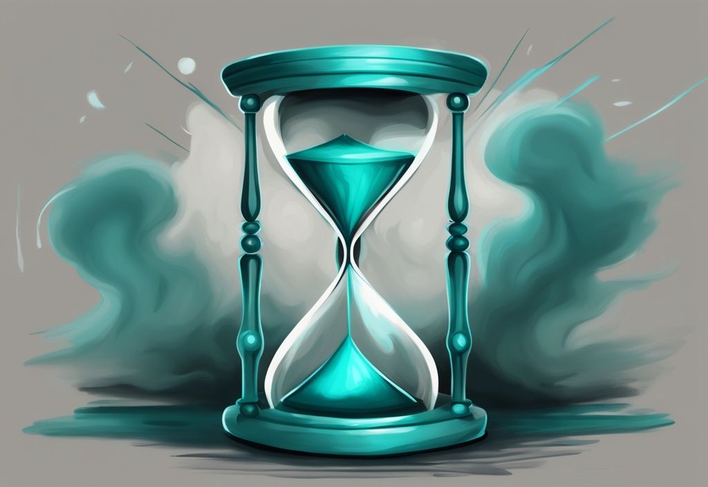 Modern digital painting of an hourglass with stormy insides in teal, symbolizing the passage of time during a fit of narcissistic rage, answering the question how long does narcissistic rage last.