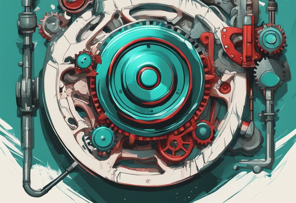 Modern digital painting with teal theme, finger hovering over red "Trigger" button, background of interconnected gears and levers, triggers after narcissistic abuse.