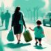 Teal-themed digital painting of a woman holding her child's hand and walking away with packed bags, while a man watches with surprise and resentment in the background, illustrating how to leave a narcissist when you have a child together.