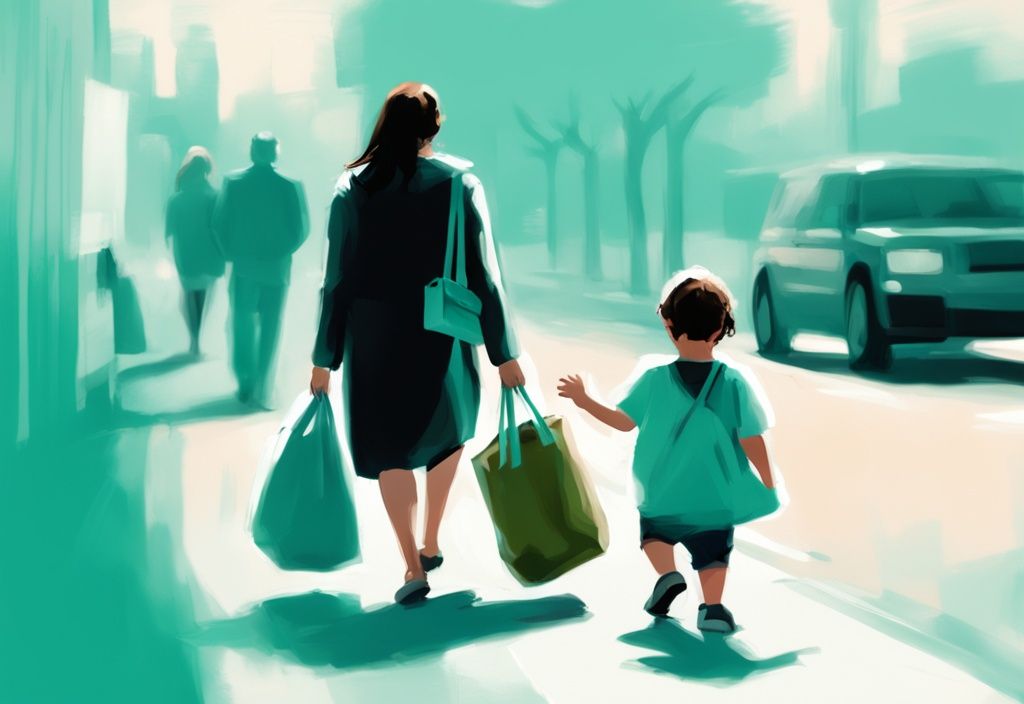 Teal-themed digital painting of a woman holding her child's hand and walking away with packed bags, while a man watches with surprise and resentment in the background, illustrating how to leave a narcissist when you have a child together.