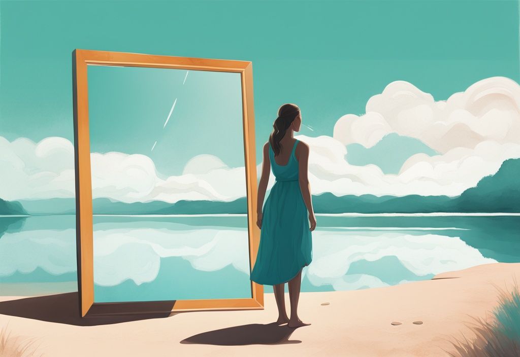 Modern digital painting of a serene teal lake and a woman with mirror images, symbolizing signs you're healing from narcissistic abuse, white line in sand separating contrasting landscapes, figure smiling at vibrant reflection.