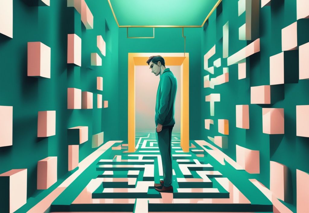 Modern digital painting of a narcissistic character puzzled by a maze-like mirror, teal color theme