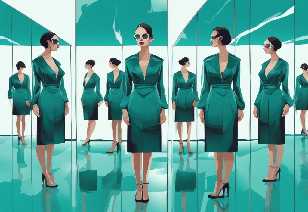 Modern digital painting of a stylish woman with seven distorted reflections symbolizing 7 signs of a female narcissist, main color theme teal.