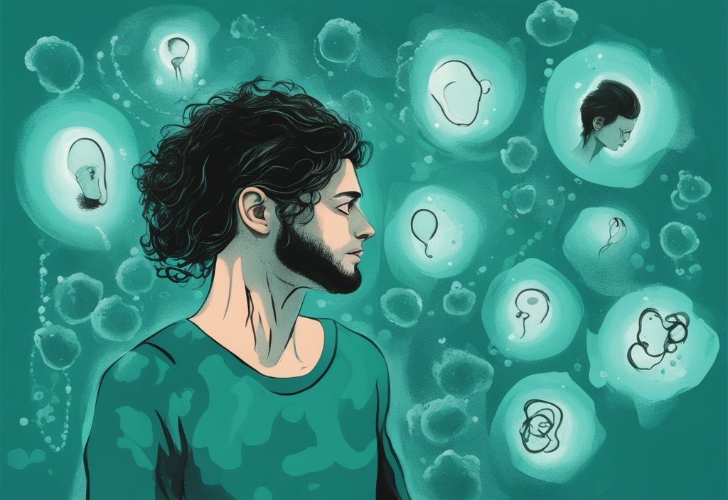 Modern digital painting illustrating a distressed individual surrounded by 20 thought bubbles, each depicting different symptoms of narcissistic victim syndrome, with a teal color theme.