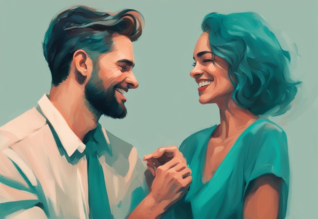 Teal-themed digital painting of a confident woman captivating a man's attention, illustrating techniques to make a narcissist obsessed with you.