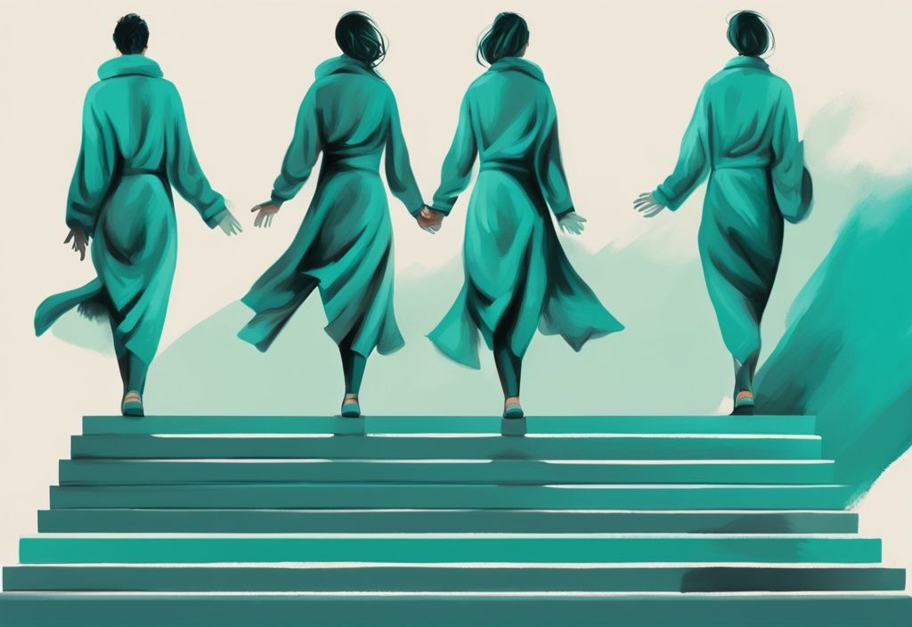 Modern digital painting illustrating a person ascending four steps symbolizing the 4 key stages of healing after narcissistic abuse: despair, understanding, growth, and liberation, with a teal color theme.