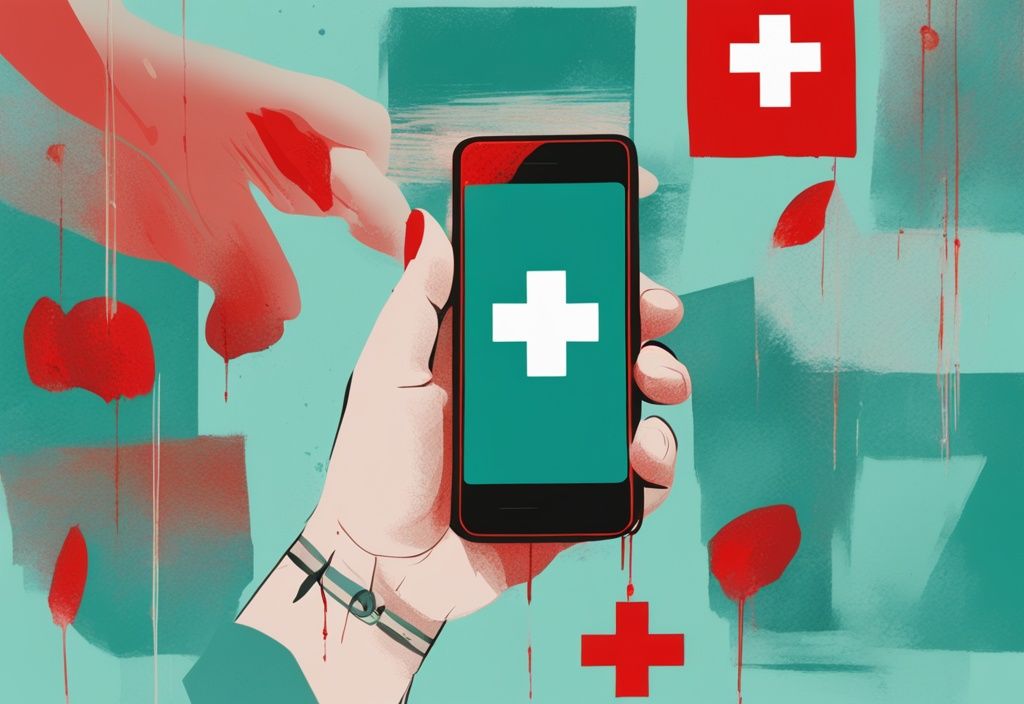 Modern digital painting illustrating 5 things to never do after breaking up with a narcissist, featuring teal color theme and symbols like a hand reaching through a smartphone and an individual looking at old photos, all marked with a red cross.