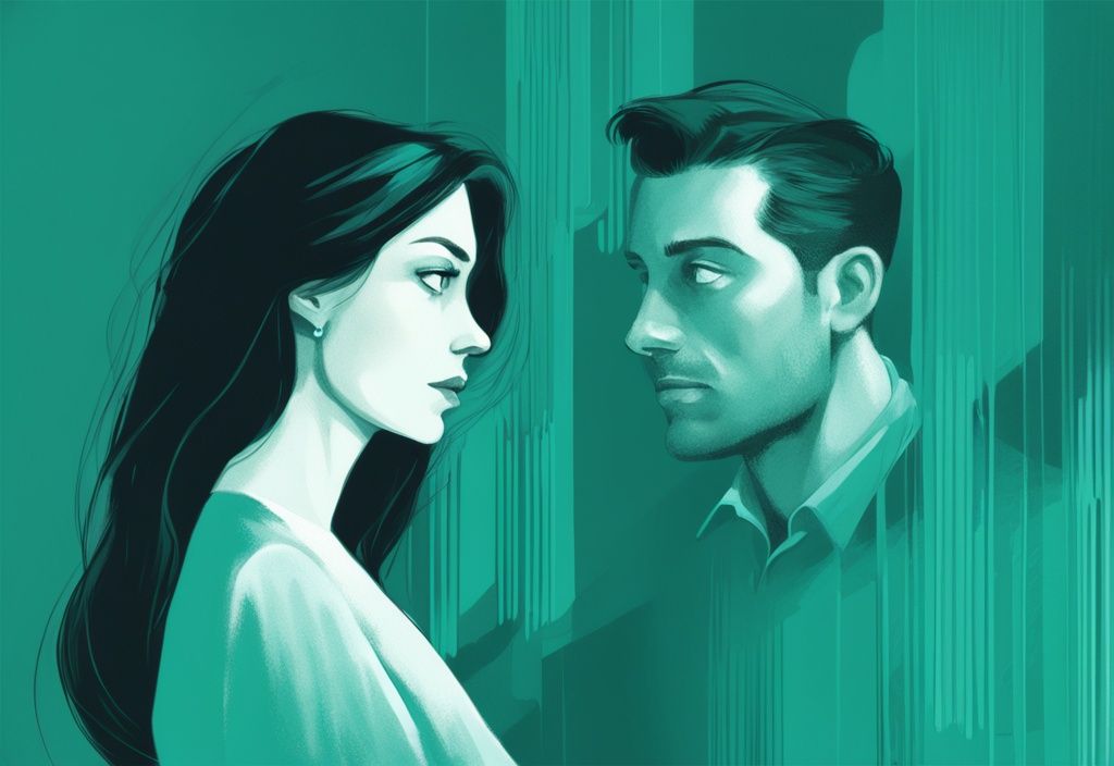 Modern digital painting of a woman curiously peering at her charming yet subtly manipulative husband with teal color theme and question marks above her head