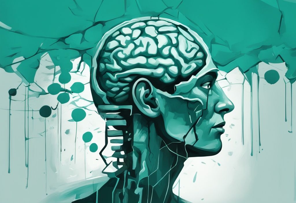 Modern digital painting of a fragmented human brain in teal, symbolizing brain damage.