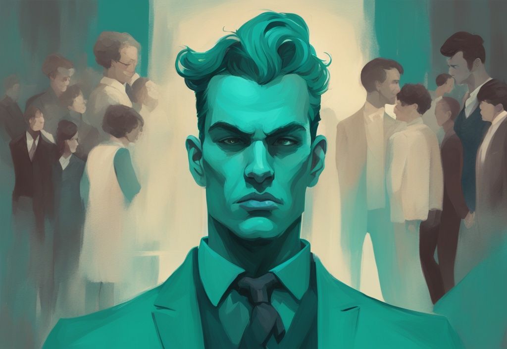 Modern digital painting of grandiose narcissist overshadowing intimidated people, illustrating the question: are grandiose narcissists dangerous.