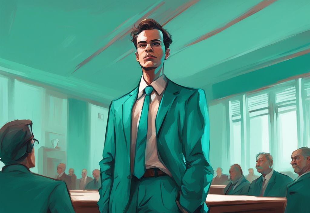 Empowered individual fearlessly facing a smug adversary in a courtroom, illustrating how to beat a narcissist in court, modern digital painting with teal color theme.