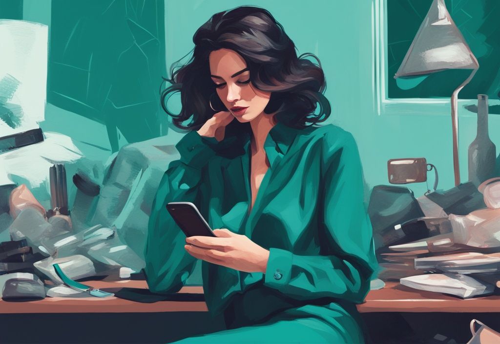 Modern digital painting of a confident woman, possibly illustrating female narcissist cheating patterns, talking secretively on her phone with men's accessories in the background, main color theme teal.