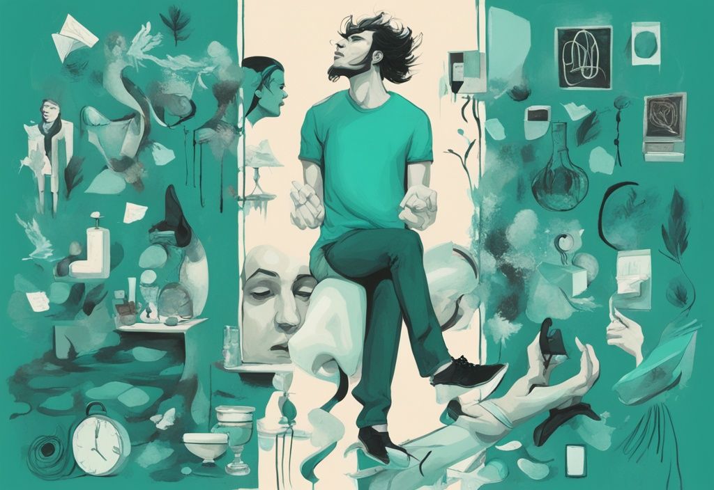 Modern digital painting illustration in teal representing narcissistic personality disorder traits like inflated ego, lack of empathy, and need for admiration.