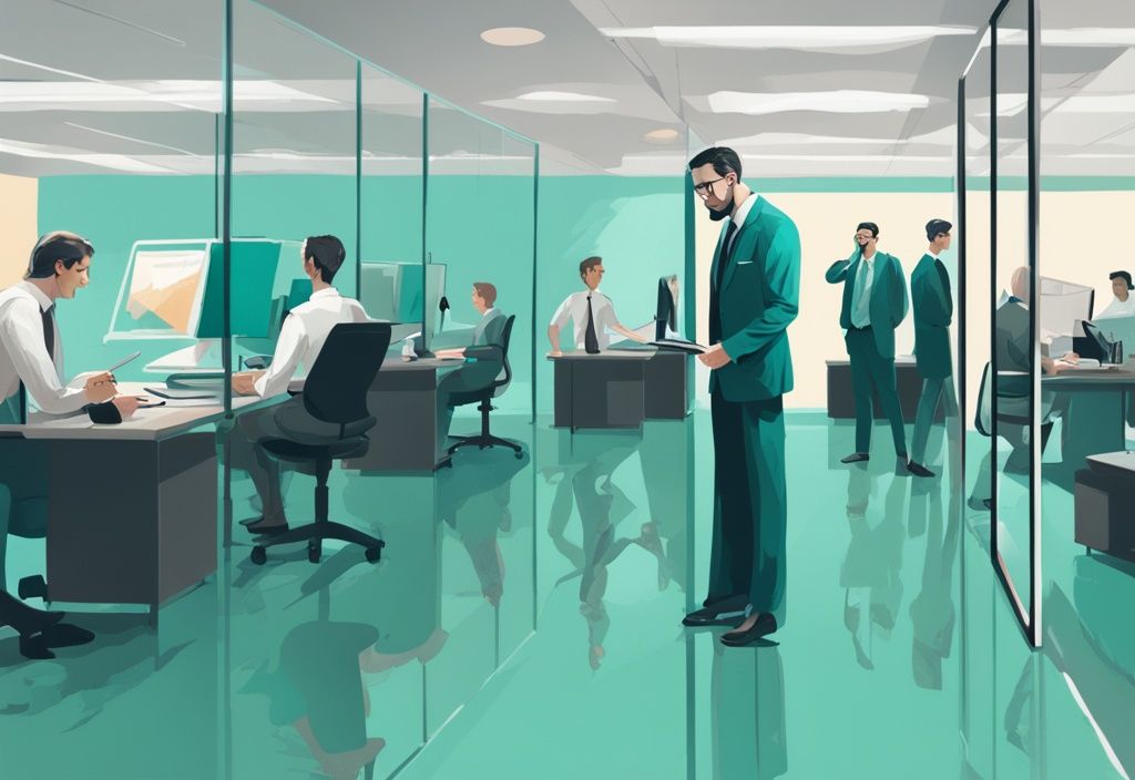 Modern digital painting of a narcissistic coworker admiring himself in a mirror while colleagues work in a teal-themed office.