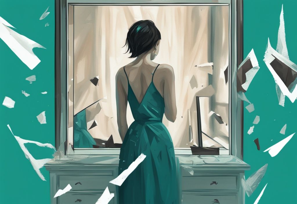 Modern digital painting with teal theme, narcissistic character in front of shattered mirror, impactful words as sharp fragments, illustrating what words can destroy a narcissist.