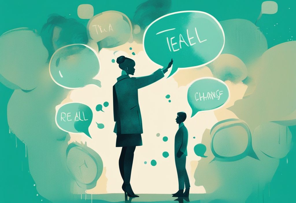 Modern digital painting in teal theme showing a confident person with empowering speech bubbles, while a narcissist's silhouette looks on, illustrating how to make a narcissist respect you.