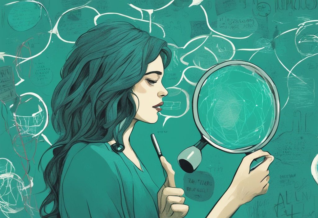 Person examining tangled lies through magnifying glass, teal digital painting, speech bubbles with narcissistic phrases, infidelity signs background.