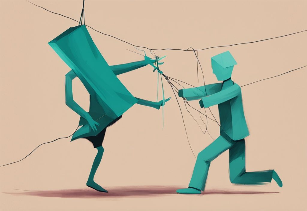 Modern digital painting of a teal-themed discarded puppet being pulled back by an unseen string, symbolizing narcissist's return.