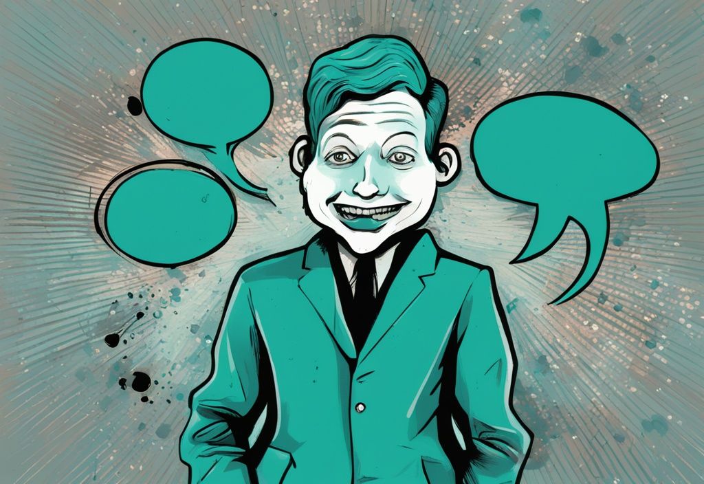 Modern digital painting with teal tones, featuring a grim caricature of a narcissist with speech bubbles displaying toxic narcissist quotes.