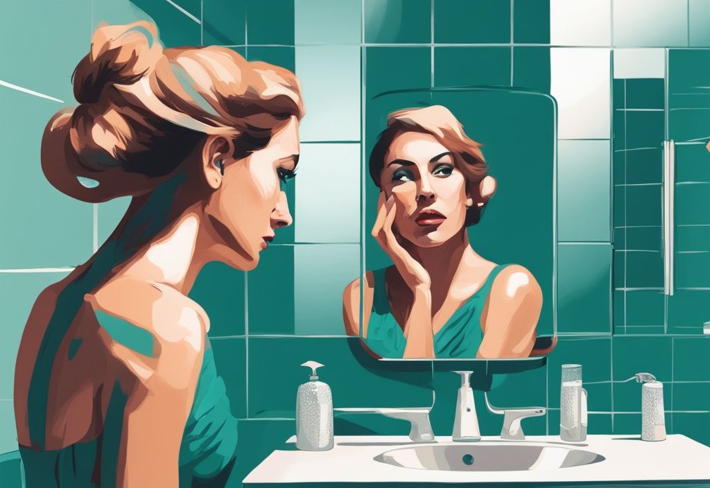 Modern digital painting of a woman admiring her reflection in a teal-themed room, ignoring her husband who is trying to talk to her.