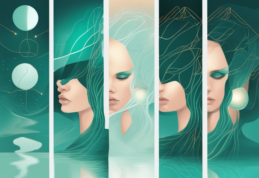 Modern digital painting in teal depicting a healing journey from darkness to light after narcissistic abuse, with four symbolized stages