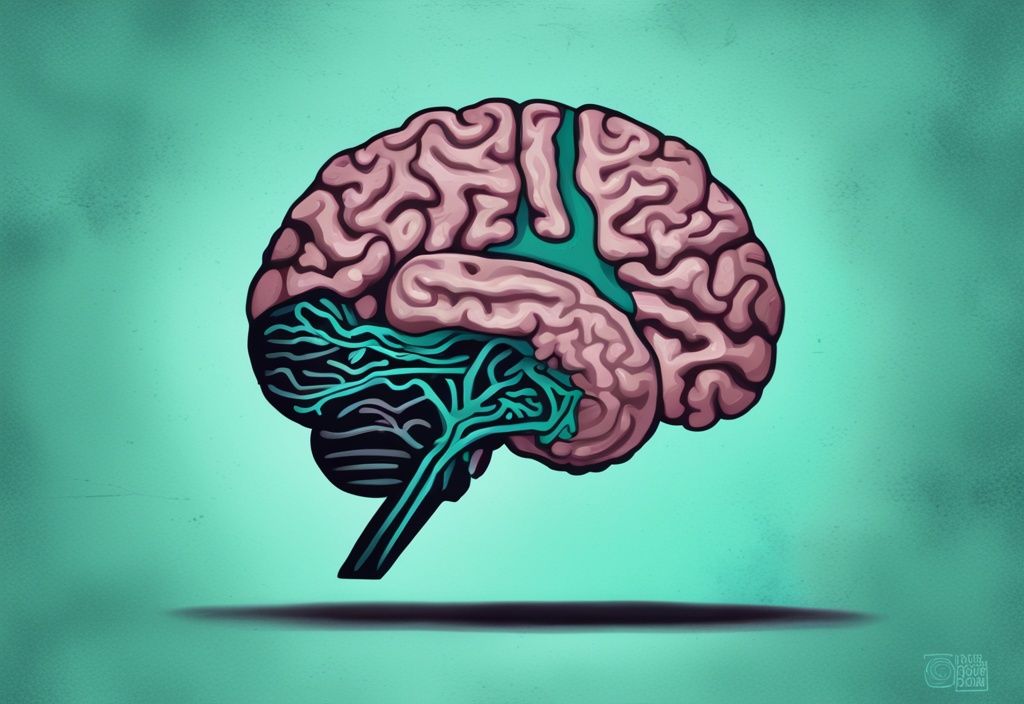 Modern digital painting of a human brain cross section highlighting brain damage from narcissistic abuse symptoms with contrasting healthy and damaged areas in teal and dark shading.