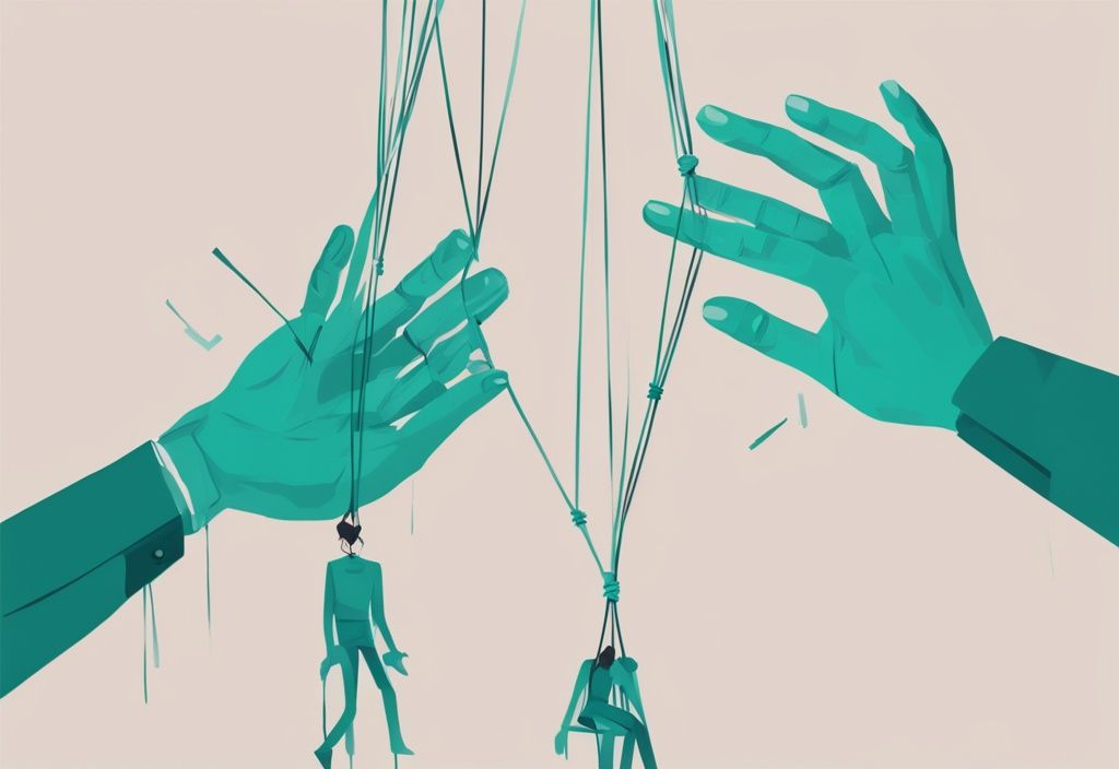 Teal-themed digital painting of hands controlling marionettes, representing imbalance and toxicity in relationships, highlighting the question "am i toxic in my relationship".