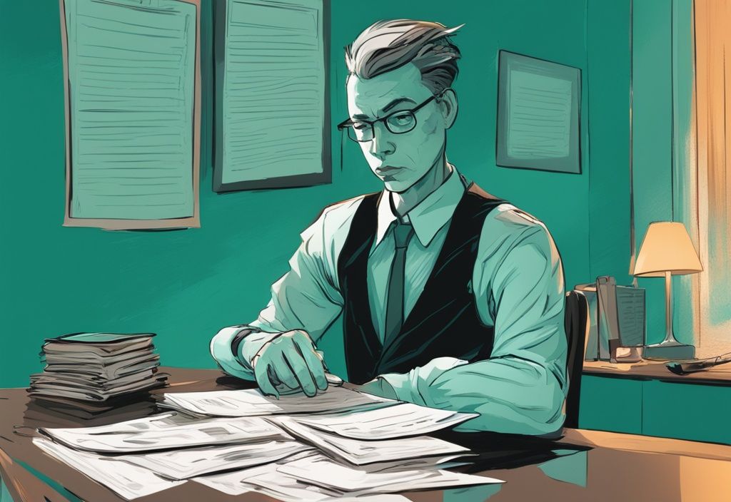 Teal-themed digital painting of a stressed individual at a table with legal documents, preparing for custody mediation with a narcissist, while a smug character is reflected in the background mirror.