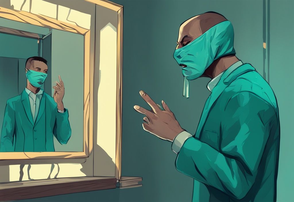 Modern digital painting of a narcissist playing victim, man dramatically performing a sad monologue in front of a mirror with a mask of tragedy hanging off his fingers, teal color theme.