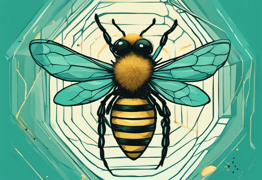 Modern digital painting with teal theme, heart-shaped beehive split in two, one side showing a fly in a spider's web as a honeytrap, the other side depicting bees dancing around honeycombs in a honeymoon phase.