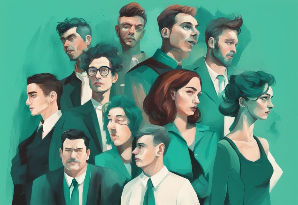 Modern digital painting of twelve people displaying narcissistic traits like self-admiration and entitlement in teal color theme.