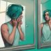 Modern digital painting in teal showing a narcissistic character anxiously looking into a mirror, symbolizing why the narcissist worries after discarding you, with a faded image of a discarded person in the background.